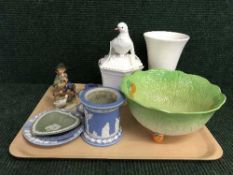 A tray of two Goebel figures, Wedgwood jasper ware, Winton lidded dish,