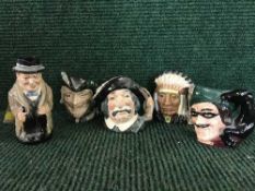 Five small Royal Doulton character jugs - Winston Churchill, Sancho Panca, Dick Turpin,