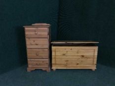A pine four drawer chest and a pine blanket box