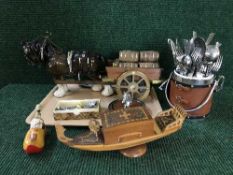 A tray of china shire horse and cart, ice bucket, table cutlery,