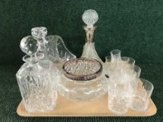 A tray of cut decanter, ships decanters, crystal rose bowl,