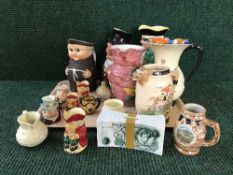 A tray of assorted toby jugs, Art deco jug,