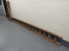 A wooden extension ladder and a wooden stepladder