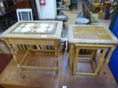 A blond oak tiled table together with a nest of two tiled tables