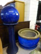 Two graduated glazed planters with bowl and a glazed water feature