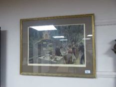 A French colour print depicting figures by a river.