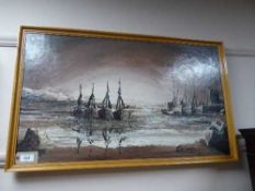 A contemporary oil on board depicting boats at sunset