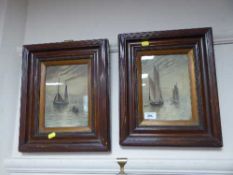 A pair of early 20th century charcoal drawings depicting boats,