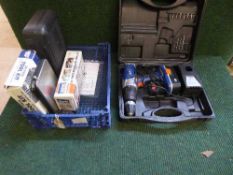 A box of cased Draper 18v electric drill, modeller's tool kit,
