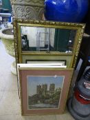 A gilt framed bevelled mirror together with a eight pictures,