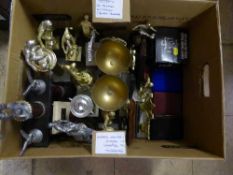 A box of assorted football trophies and medals