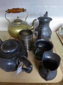 A tray of four piece plated tea service, copper kettle,