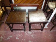 A pair of oak lamp tables together with a pair of mahogany framed prints - Parisian street scenes