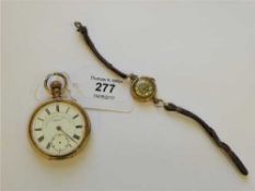 A lady's 9ct gold wristwatch and a gold plated pocket watch