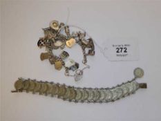 A silver charm bracelet and a coin bracelet