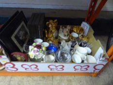 A tray of continental gilt china tea set, drinking glass, Lilliput houses, framed pictures,
