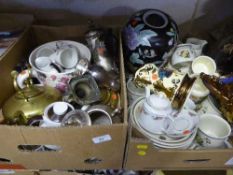 A box and basket of Royal Doulton Lambeth ware dinner service, copper lustre vases, tea cup planter,