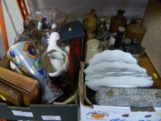 Two boxes of pottery and glass vintage bottles, cased plated cutlery,
