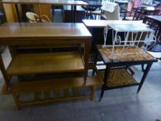 A mid twentieth century teak trolley, Myers teak coffee table,