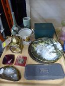 A tray containing antique hand painted fluted vase together with one other, commemorative plates,