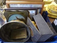 A basket of copper jelly mould, vintage tins, frame receipts,