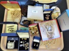 A collection of costume jewellery, pearls, silver brooches,