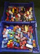 Two boxes of assorted die vehicles - Corgi, Matchbox,