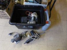 A box of power tools, skill sander, performance drill,