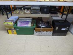 Two boxes of lps - Deep purple etc, together with a box of 45's, box of dvds, Garrard turntable,