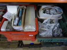 Two boxes of door handles, bulk head lights, halogen light bulbs,