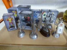 A tray of seven cast lead DC comics super heroes figures together with six pewter metal figure -