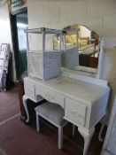 A painted Queen Ann style dressing table together with stool and loom bedside cupboard