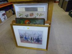 A collection of pictures and prints including map of Northumberland, Parisian street scenes,