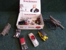 A King Edward cigar box containing assorted die cast vehicles, badges, plated teaspoon on stand,
