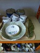A tray of two Wedgwood Jasper ware lidded biscuit barrels, a Carlton leaf dish,