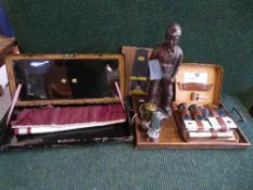 An oak twin handled tray of two miniature miner's lamps, Lawrence Gardiner figure of a miner,