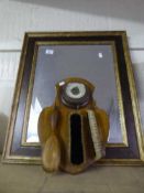 A contemporary framed bevelled mirror together with an oak barometer brush set