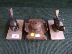 Two Art Deco bird bookends on marble base and a metal ink well