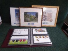 An album containing Royal Mail First Day covers together with three stamp print pictures - New