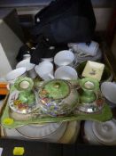 A box of tea china, together with Premier camera bag containing Sharp Viewcam,