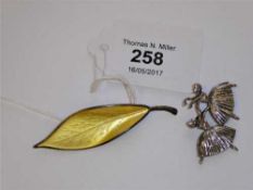 A Norwegian silver and enamel leaf brooch by David Anderson,
