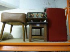 A pine cracket together with three assorted footstools
