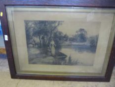 Two oak framed antiquarian black and white etchings - By the Ferry and Figures at a piano together
