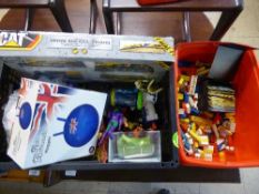 A box of toys, die cast vehicles, action figures,