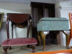 A sewing box on Queen Anne style legs, a dralon upholstered stool,