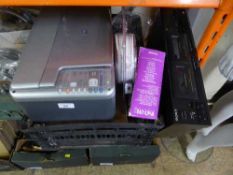 A box of Sony twin cassette deck, HP printer,