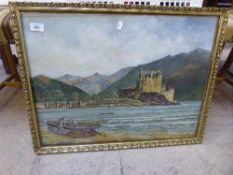Gilt framed oil - Eilean Dolan Castle Ross and Comarty Scotland by H Coates 1983