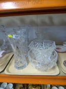 A tray of five lead crystal vases together with three fruit bowls