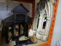 A chalk framed Gothic style mirror, early twentieth century doll,