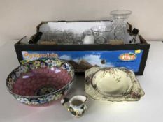 A box of glass ware, Maling pink lustre fruit bowl,